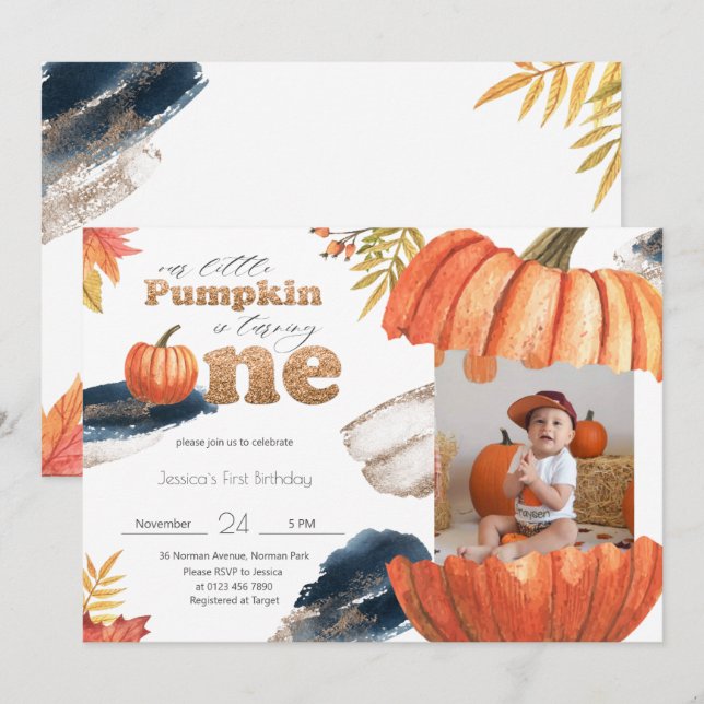 Pumpkin Gold Fall First Birthday With Photo Invitation (Front/Back)
