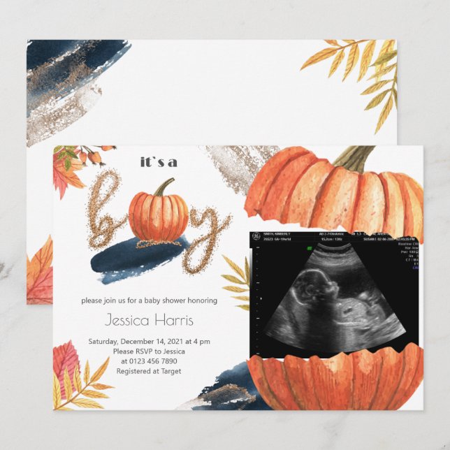Pumpkin Gold Fall It's A Boy Baby Shower Invitation (Front/Back)