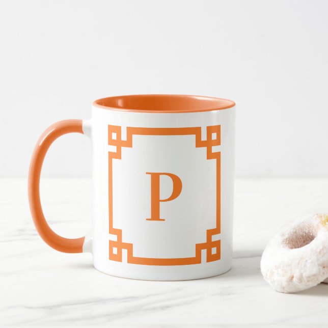 Pumpkin Greek Key Border Monogram Mug (With Donut)