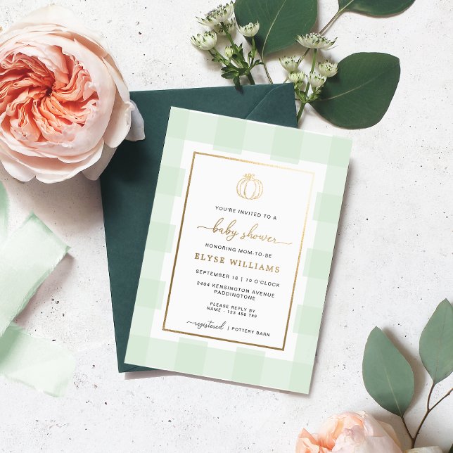 Pumpkin Green Gingham Baby Shower Foil Invitation (Creator Uploaded)