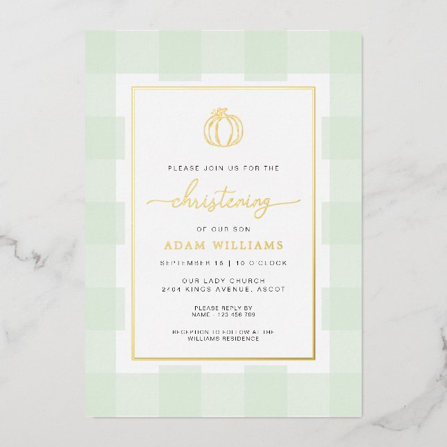 Pumpkin Green Gingham Christening Foil Invitation (Front)