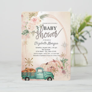 Pumpkin Green Truck,Roses,Snowflakes Baby Shower Invitation