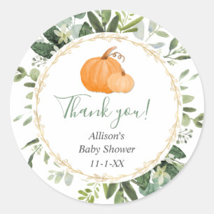 Pumpkin greenery gold fall foliage favour thank yo classic round sticker