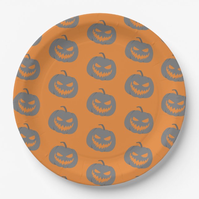 Pumpkin grey & orange Halloween party Paper Plate (Front)