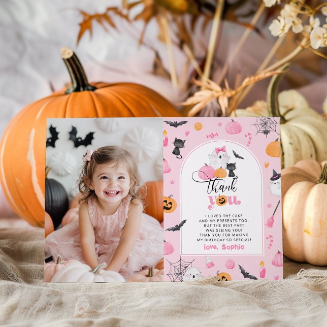 Pumpkin Halloween birthday photo thank you card (Creator Uploaded)