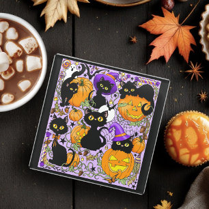 Pumpkin Halloween Candy Black Cats Glass Coaster