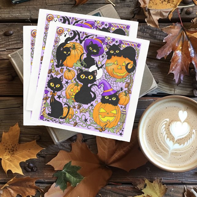 Pumpkin Halloween Candy Black Cats Napkin (Creator Uploaded)