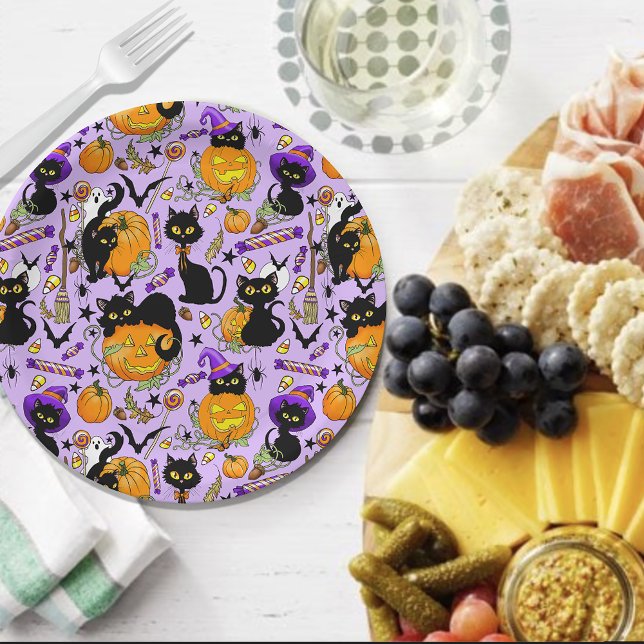 Pumpkin Halloween Candy Black Cats Paper Plate (Creator Uploaded)