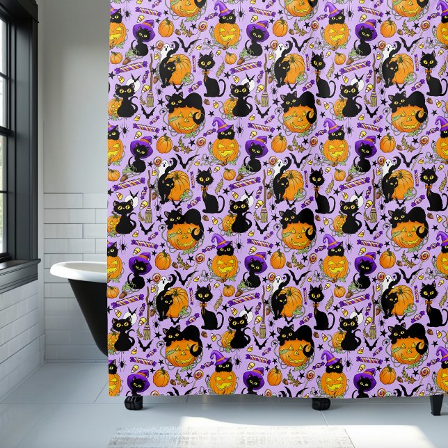 Pumpkin Halloween Candy Black Cats Shower Curtain (Creator Uploaded)