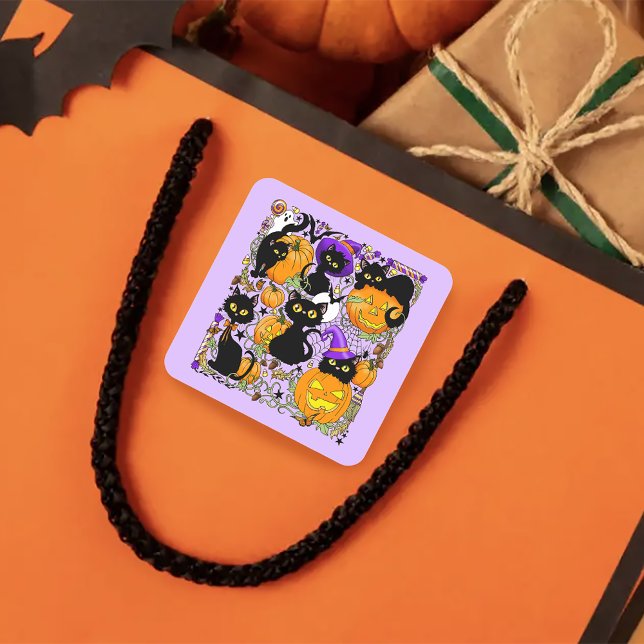 Pumpkin Halloween Candy Black Cats Square Sticker (Creator Uploaded)
