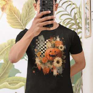 Pumpkin Halloween Checkered Board retro  T-Shirt