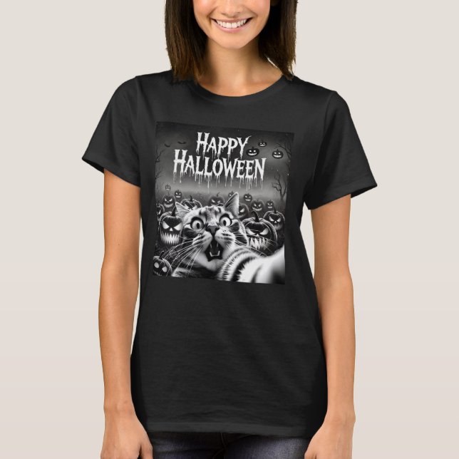 Pumpkin Halloween Costume Scary Pumpkin Scared Cat T-Shirt (Front)