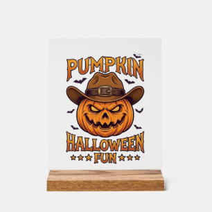 Pumpkin Halloween Fun Jack Lantern Cowboy Hat Bats Acrylic Sign