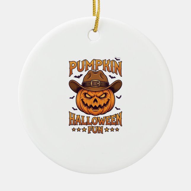 Pumpkin Halloween Fun Jack Lantern Cowboy Hat Bats Ceramic Tree Decoration (Front)