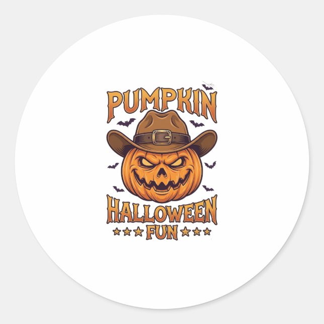 Pumpkin Halloween Fun Jack Lantern Cowboy Hat Bats Classic Round Sticker (Front)