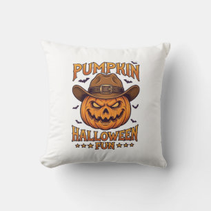 Pumpkin Halloween Fun Jack Lantern Cowboy Hat Bats Cushion