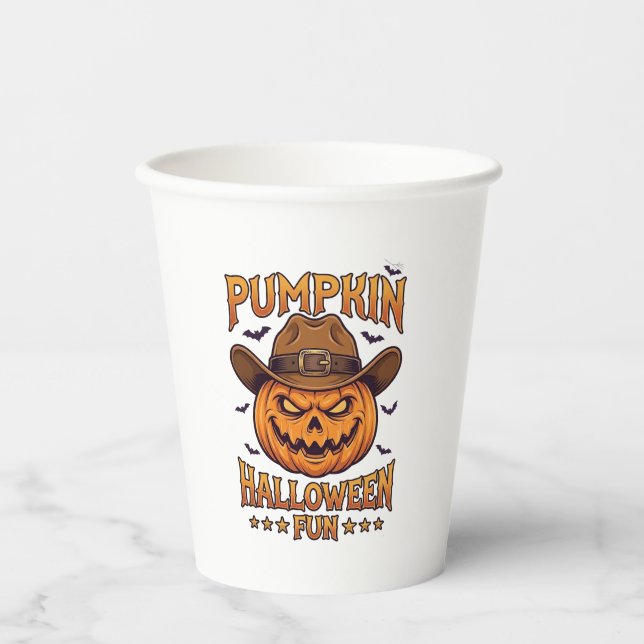 Pumpkin Halloween Fun Jack Lantern Cowboy Hat Bats Paper Cups (Front)