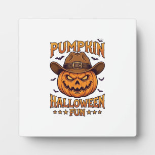 Pumpkin Halloween Fun Jack Lantern Cowboy Hat Bats Plaque