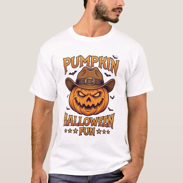 Pumpkin Halloween Fun Jack Lantern Cowboy Hat Bats T-Shirt (Front)