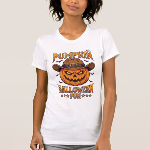 Pumpkin Halloween Fun Jack Lantern Cowboy Hat Bats T-Shirt