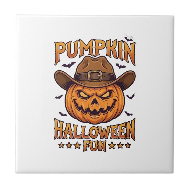 Pumpkin Halloween Fun Jack Lantern Cowboy Hat Bats Tile (Front)
