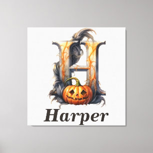 Pumpkin Halloween Name Letter H Floral Monogram Canvas Print