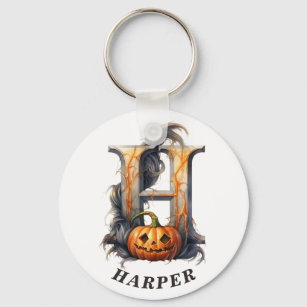 Pumpkin Halloween Name Letter H Floral Monogram Key Ring