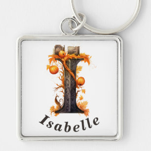 Pumpkin Halloween Name Letter I Floral Monogram Key Ring
