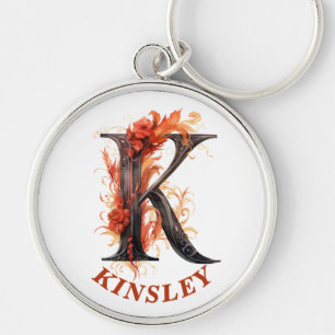 Pumpkin Halloween Name Letter K Floral Monogram Key Ring