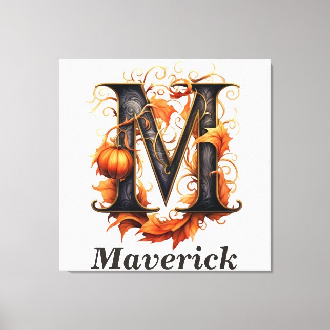 Pumpkin Halloween Name Letter M Floral Monogram Canvas Print (Front)