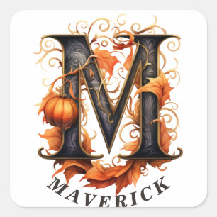 Pumpkin Halloween Name Letter M Floral Monogram Square Sticker