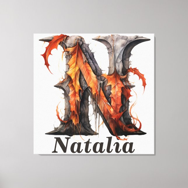 Pumpkin Halloween Name Letter N Floral Monogram Canvas Print (Front)