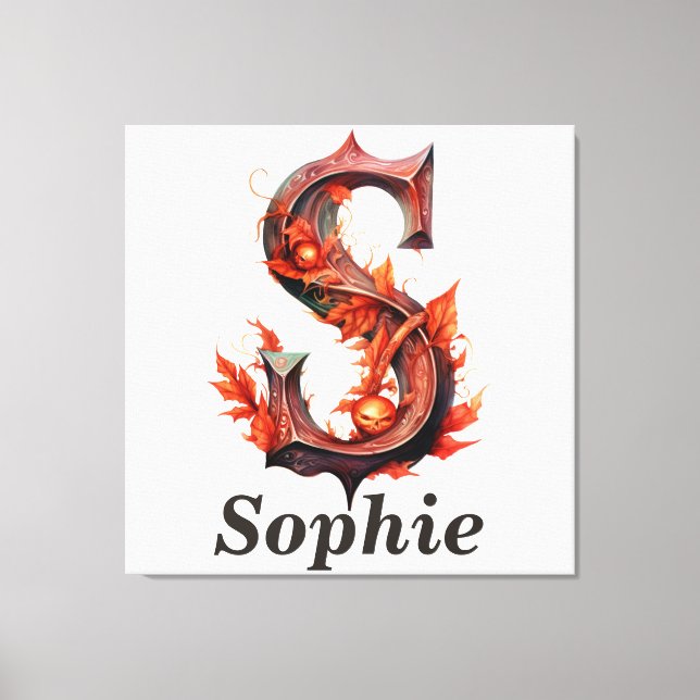 Pumpkin Halloween Name Letter S Floral Monogram Canvas Print (Front)