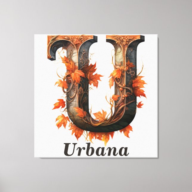 Pumpkin Halloween Name Letter U Floral Monogram Canvas Print (Front)