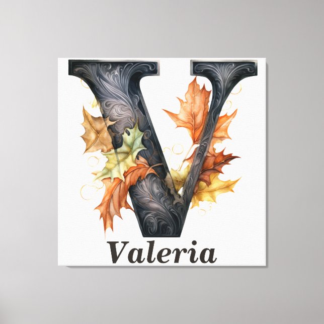 Pumpkin Halloween Name Letter V Floral Monogram Canvas Print (Front)