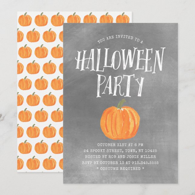Pumpkin Halloween Party Invitation Grey Watercolor (Front/Back)