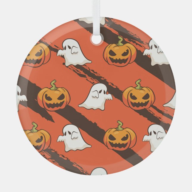 Pumpkin Halloween theme, seamless pattern. Glass Tree Decoration (Front)