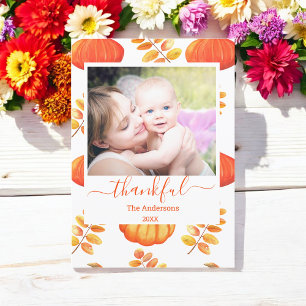 Pumpkin Happy Thanksgiving Photo Orange Plaid Holiday Card