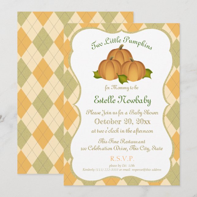 Pumpkin Harlequin Gold Twins Baby Shower Invitation (Front/Back)