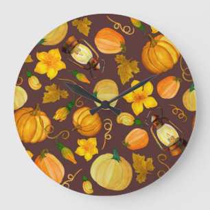 Pumpkin Harvest Autumn Watercolor Pattern Large Clock