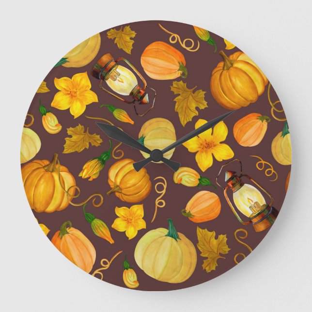 Pumpkin Harvest Autumn Watercolor Pattern Large Clock (Front)