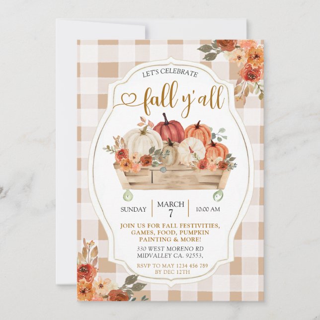 Pumpkin Harvest Brown Gingham Fall Y'all Party Invitation (Front)