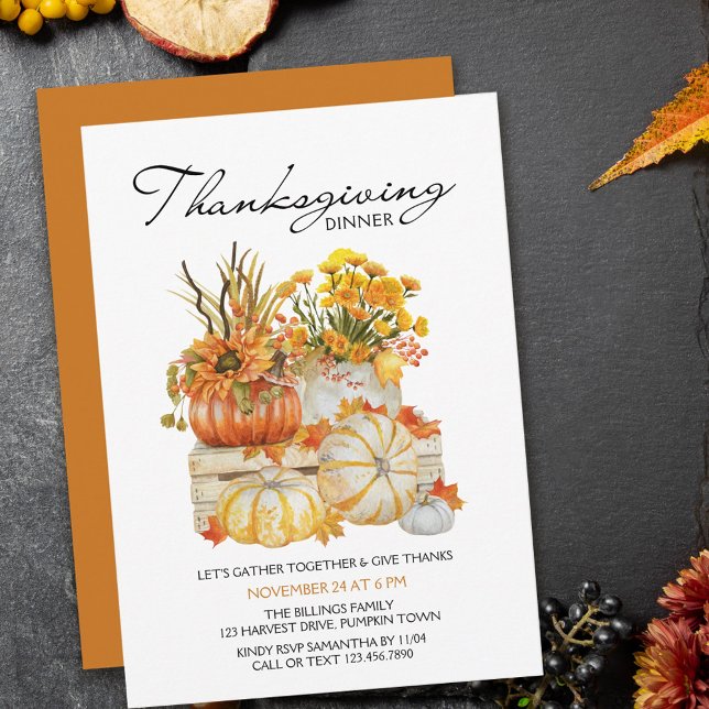 Pumpkin Harvest Fall Flowers Thanksgiving Dinner Invitation (Creator Uploaded)