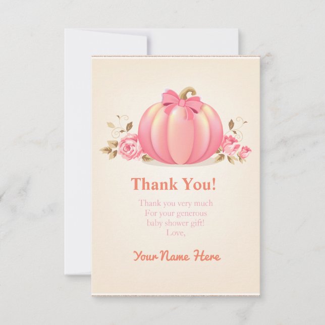 Pumpkin Harvest Girl Thank you card baby shower. (Front)