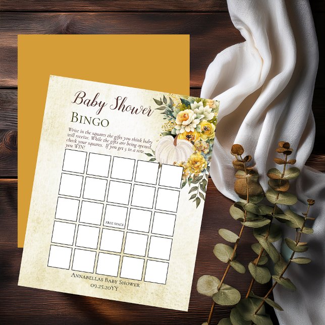 Pumpkin Harvest | Gold Floral Baby Shower Bingo (White Pumpkin and Gold Floral Baby Shower Bingo Game Print Only - Little Pumpkin Collection)