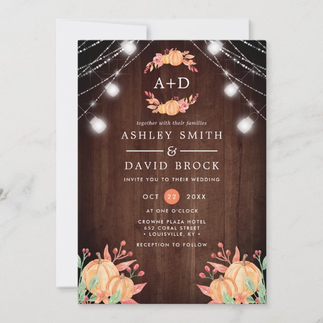 Pumpkin Harvest Monogram Autumn Lights Wedding Invitation (Front)
