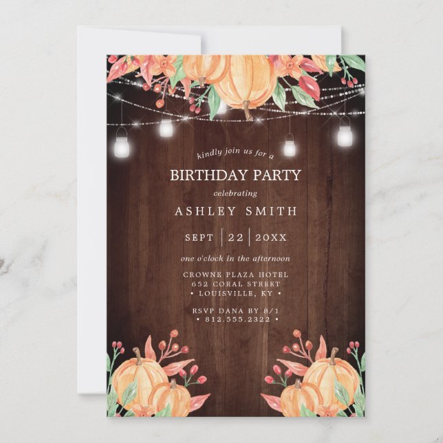 Pumpkin Harvest Watercolor Autumn Lights Birthday Invitation (Front)
