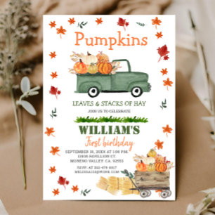 Pumpkin, Hay, Leaves, Fall Birthday Green Truck Invitation