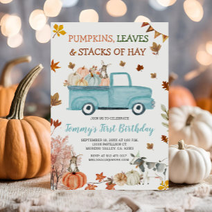 Pumpkin, Hay, Leaves, Fall Boy Birthday Blue Truck Invitation