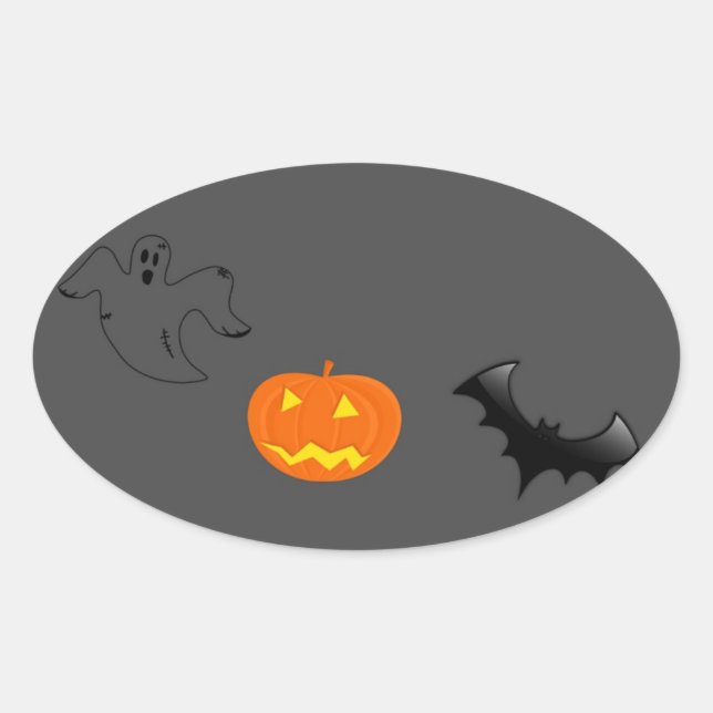Pumpkin head, bat and ghost on grey oval sticker (Front)